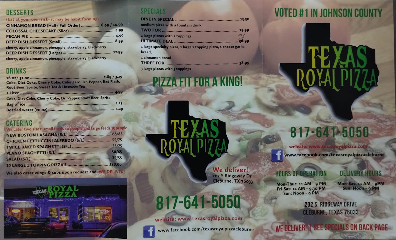 Texas Royal Pizza Menu